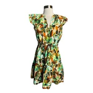 Marie Oliver Mini Dress XS Green Watercolor V Neck Tiered Puff Cap Sleeve